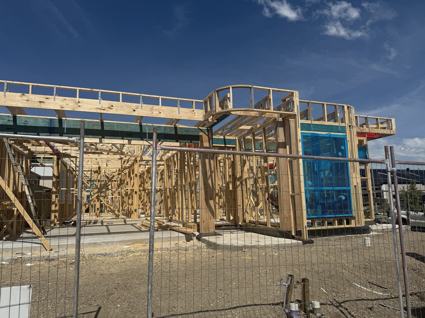 Wide view of timber framing during construction